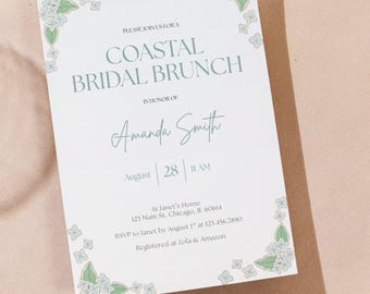 Coastal Bridal Brunch Invitation: Blue Watercolor Floral (Canva Template, Digital Download)