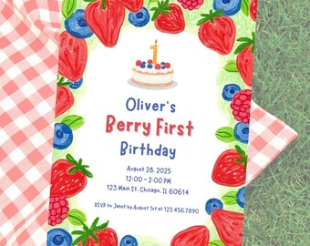 Berry First Birthday Invitation: Gender Neutral Fruit Theme (Canva Template, Printable Evite)