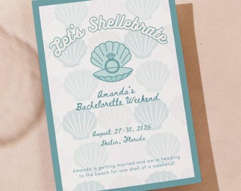 Let’s Shellebrate Bachelorette Party Invitation & Itinerary - Editable Canva Template - Instant Download - Beach Theme