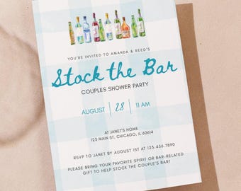 Stock the Bar Shower Invitation: Watercolor Bottles, Blue Gingham (Canva Template, 5x7 in, Digital Download