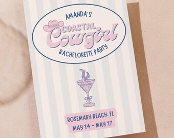 Coastal Cowgirl Bachelorette Invitation & Itinerary: Pink Beach Theme (Canva Template - Digital Download)