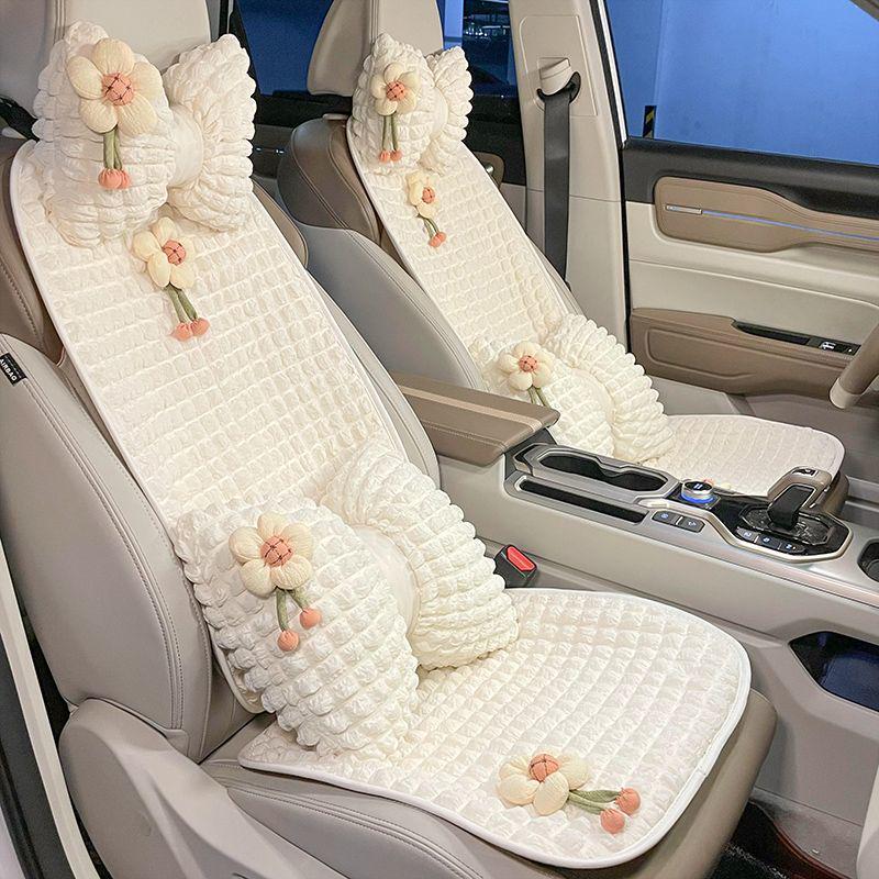 Elegant White Floral Car Seat Cushion Set – Breathable Summer Seat Pad with Cute Flower Detail, All-Season Comfort