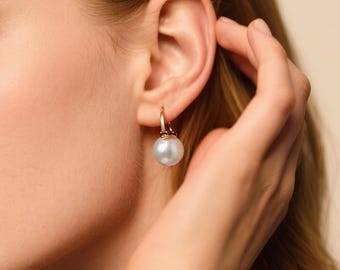12mm White Pearl Leverback Earrings – Imitation Pearl,925 silver , Minimalist Drop Earrings for Women