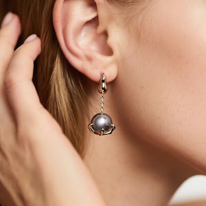 Gray Pearl Drop Earrings - 18K Gold Plated Brass, Imitation Pearl, 925 Silver Post, Elegant Minimalist Gift for Her