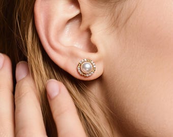 Free shipping, mother day gift, White Pearl Stud Earrings, 18k Gold Plated Brass with CZ Halo, Freshwater Pearls, Jewelry for Women