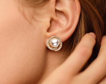 Freshwater Pearl Stud Earrings | 8-9mm White Pearls | 18K Gold Plated Brass with CZ | 925 Silver Posts | Elegant Gift for Her | Non-Custom