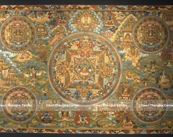 Mandala de cinco Budas Thangka / Decoración sagrada de pared pintada a mano, arte nepalí en oro de 24 quilates