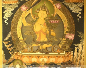 Thangka de Manjushree / Pintura budista detallada en oro de 24 quilates / Arte himalayo nepalí pintado a mano