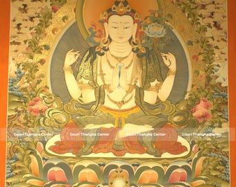 Nepali Chenrezig Thangka | 24K Gold Avalokiteshvara Malerei | Handgemachte tibetische buddhistische Kunst | Mitgefühl Deity Wanddeko