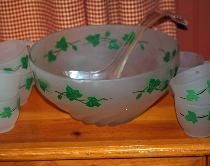 Vintage frosted glass punch bowl set with green Ivy leaf Etsy