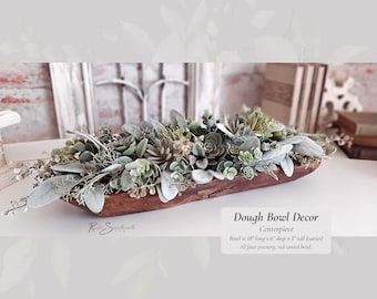 Dough Bowl Decor Centerpiece | Faux Lamb&#39;s Ear Succulents Arrangement | Rustic Wood Bowl Lifelike Hosting Farmhouse Home Mother&#39;s Day Gift