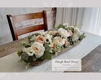Faux Rose Peony Arrangement Centerpiece - Rustic Wood Dough Bowl - Off-White Ivory Soft Pink Everlasting Silk Flowers Farmhouse Chic Decor