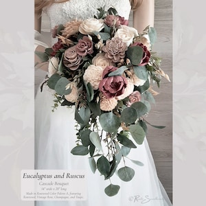 Eucalyptus & Ruscus Wedding Flowers | Rosewood Taupe Sola Wood Bridal Cascade Bouquet Farmhouse Bridesmaid Groom Groomsmen Gift Boho Decor