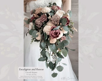 Eucalyptus & Ruscus Wedding Flowers | Rosewood Taupe Sola Wood Bridal Cascade Bouquet Farmhouse Bridesmaid Groom Groomsmen Gift Boho Decor