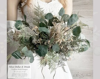 Silver Dollar & Drieds Freeform Bridal Bouquet, made with artificial Eucalyptus and Greenery, Dried Oats, Pampas Grass, and Babies Breath