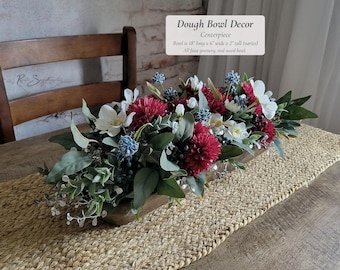 Dough Bowl Decor Centerpiece - Faux Greenery Red White and Blue Arrangement - Rustic Wood July 4th Patriotic Farmhouse Home Hosting Gift