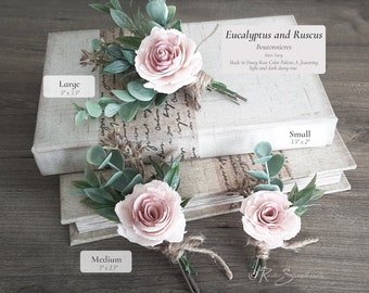Eucalyptus and Ruscus Wedding Flowers | Dusty Rose Soft Sola Flower Groom Boutonniere Bridal Cascade Bouquet Bridesmaid Toss Florals Decor