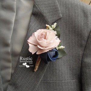 Dusty Rose and Navy Blue Sola Flower Cottage Rose Boutonniere ~ Groom ~ Groomsmen ~ Best Man ~ Dads