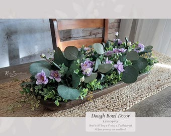 Dough Bowl Decor Centerpiece | Faux Summer Eucalyptus Arrangement | Rustic Wood Bowl Purple Flower Lifelike Farmhouse Home Mothers Day Gift