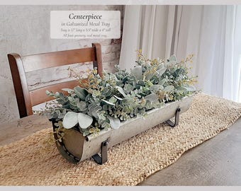 Metal Tray Decor Centerpiece - Faux Lamb's Ear Spiral Eucalyptus Arrangement - Rustic Wood Bowl Lifelike Farmhouse Home Galvanized Decor