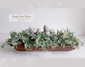 Farmhouse Home Dough Bowl Decor | Easy DIY Faux Eucalyptus Greenery Table Piece Kit | Wood Rustic Bowl Artificial Lifelike Greens Birds Gift