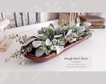 Dough Bowl Decor Centerpiece | Faux Lamb's Ear Spiral Eucalyptus Arrangement | Rustic Wood Bowl Lifelike Hosting Farmhouse Home Mother Gift