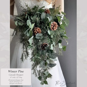 Winter Pine Wedding Flowers | Bridal Cascade Bouquet Farmhouse Christmas Floral Bride Pinecone Bridesmaid Groom Boutonniere Decor Groomsmen