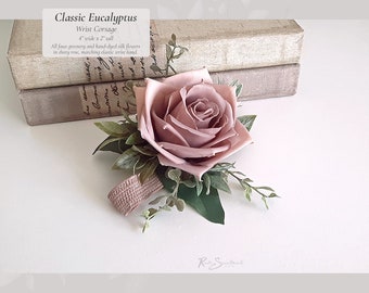 Classic Eucalyptus Wedding Flowers | Dusty Rose Corsage Bridal Bouquet Bridesmaid Flowers Wood Pocket Boutonniere Groom Groomsmen Farmhouse