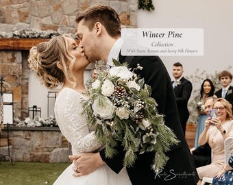 Winter Pine Wedding Flowers in Ivory | Cake Flowers Farmhouse Christmas Silver Berry Pinecone Bridesmaid Bout Decor Bridal Cascade Bouquet