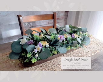Dough Bowl Decor Centerpiece | Faux Summer Eucalyptus Arrangement | Rustic Wood Bowl Yellow Purple White Flower Lifelike Farmhouse Home Gift