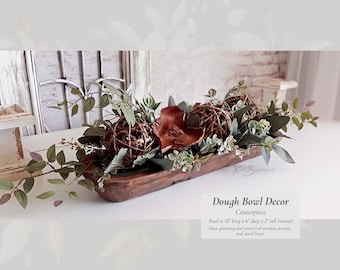 Dough Bowl Decor Centerpiece | Faux Greenery Wooden Accents Arrangement | Rustic Wood Bowl Lifelike Hosting Farmhouse Home Mother&#39;s Day Gift