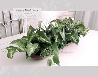 Dough Bowl Decor Centerpiece | Faux Vine and Grass Arrangement | Rustic Wood Bowl Lifelike Hosting Spring Farmhouse Home Mother's Day Gift