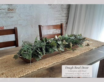 Rustic Winter Decor Centerpiece | Faux Juniper and Ivy Leaf Arrangement | Wood Bowl Florals Lifelike Hosting Farmhouse Home Christmas Table