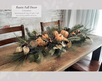 Rustic Fall Decor Centerpiece | Faux Pine and Pumpkin Arrangement | Rustic Wood Florals Lifelike Hosting Farmhouse Home Thanksgiving Table