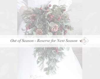Out of Season, Reservation for Next Season | Winter Pine Collection with Deep Burgundy Berry Accents, Artificial Greenery and Real Pinecones