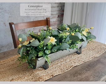 Metal Tray Decor Centerpiece - Faux Summer Eucalyptus Arrangement - Rustic Wood Bowl Yellow Flowers Lifelike Farmhouse Home Hosting Gift