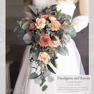 Eucalyptus Ruscus Wedding Flowers Bridal Cascade Bouquet Autumn Terracotta Soft Sola Flowers Fall Silk Sweetheart Roses Bridesmaid Decor