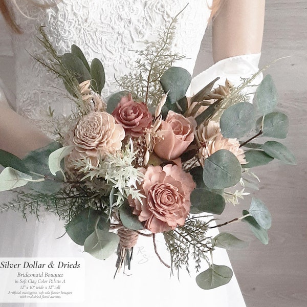 Eucalyptus and Dried Oat Grass Bouquets in Soft Clay Terracotta Colors. Made with artificial Greenery, Drieds, Sola Wood and Silk Flowers