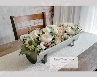 Faux Rose Peony Arrangement Centerpiece - Galvanized Metal Tray - Off-White Ivory Soft Pink Everlasting Silk Flowers Farmhouse Chic Decor