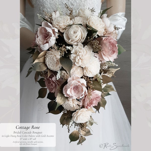 Cottage Rose Cascade Bouquet in Light Dusty Rose, Ivory, and Metallic Gold accents. Made with artificial Greenery and Soft Sola Wood Flowers