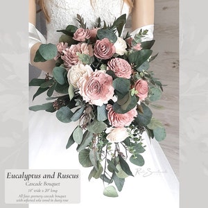 Eucalyptus and Ruscus Wedding Flowers | Dusty Rose Soft Sola Flower Bridal Cascade Bouquet Bridesmaid Groom Boutonniere Toss Florals Decor