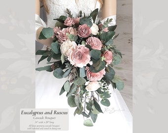 Eucalyptus and Ruscus Wedding Flowers | Dusty Rose Soft Sola Flower Bridal Cascade Bouquet Bridesmaid Groom Boutonniere Toss Florals Decor