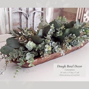 Dough Bowl Decor Centerpiece | Faux Eucalyptus and Ruscus Arrangement | Rustic Wood Bowl Lifelike Hosting Farmhouse Home Mother's Day Gift
