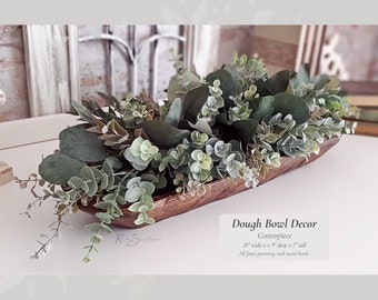 Dough Bowl Decor Centerpiece | Faux Eucalyptus and Ruscus Arrangement | Rustic Wood Bowl Lifelike Hosting Farmhouse Home Mother's Day Gift