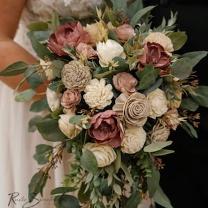 Eucalyptus & Ruscus Wedding Flowers | Rosewood Taupe Sola Wood Bridal Cascade Bouquet Farmhouse Bridesmaid Groom Groomsmen Gift Boho Decor