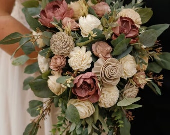 Eucalyptus & Ruscus Wedding Flowers | Rosewood Taupe Sola Wood Bridal Cascade Bouquet Farmhouse Bridesmaid Groom Groomsmen Gift Boho Decor