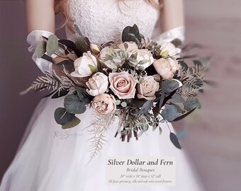 Silver Dollar Eucalyptus and Fern Wedding Flowers | Neutral Nude, Champagne, and Ivory Tones Silk and Sola Wood Bridal Bouquet Groom Florals