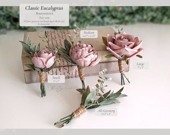 Classic Eucalyptus Wedding Flowers | Dusty Rose Boutonniere Bridesmaid Bridal Bouquet Flowers Wood Pocket Groom Groomsmen Greenery Decor