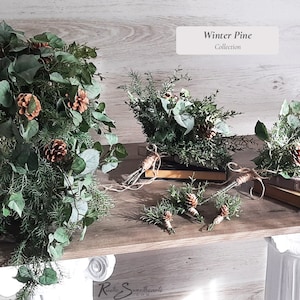 Winter Pine Wedding Flowers | Farmhouse Christmas Floral Bridal Cascade Bouquet Bride Pinecone Bridesmaid Groom Boutonniere Decor Groomsmen