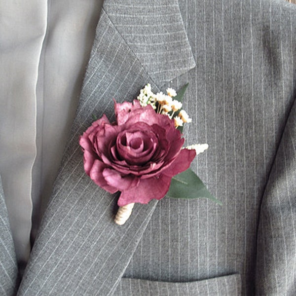 Burgundy Wine Sola Rose Flower Boutonniere with jute wrapped stem. Groom, Groomsmen, Best Man, Father of the Groom, Father of the Bride